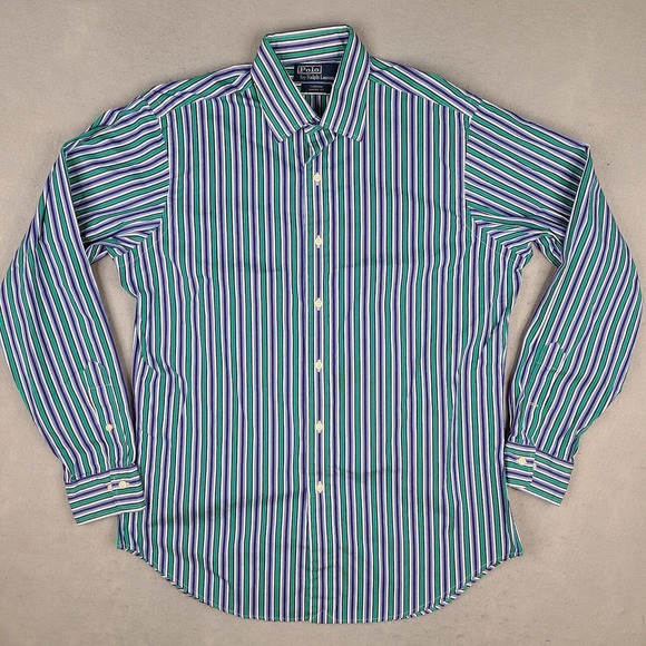 Polo‎ Ralph Lauren Shirt Men's Medium 15 1/2 Striped Curham Classic Fit Button - Picture 1 of 12
